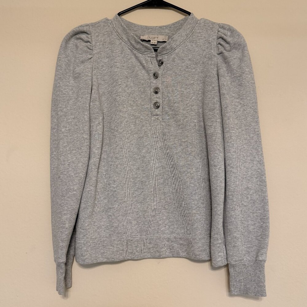 LOFT Button puff sleeve Gray sweater Size Petite XSP